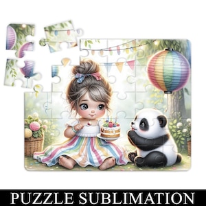 Cute Girl and Panda Picnic Scene Puzzle Sublimation PNG, Digital Download, Whimsical Art Puzzle Design, Printable Puzzle Template