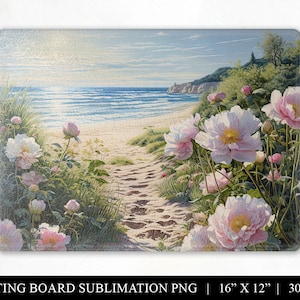 Beach Kitchen Cutting Board Sublimation Design, Watercolor Landscape with Peony Rectangle Sublimation Digital Download