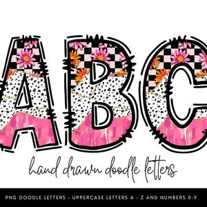 ウエスタン落書き風アルファベットPNG、ピンクの牛柄花文字、マキシマリストチェッカーボードフォントクリップアート、昇華アルファベットパックA-Z 0-9