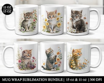 Kittens With Flowers Mug Sublimation Designs Bundle (Digital Download)
