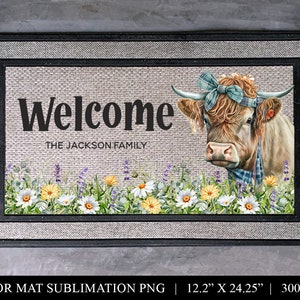 Highland Cow Welcome Door Mat - Floral Sublimation Design - Personalized Front Door Rug PNG - Family Name Sublimation Floor Mat