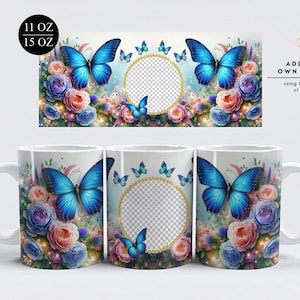 Taza de café con imagen de mariposa Png, diseño de sublimación floral para tazas de 11 y 15 oz, agregue su regalo de taza personalizada con foto, envoltura de taza del Día de las Madres