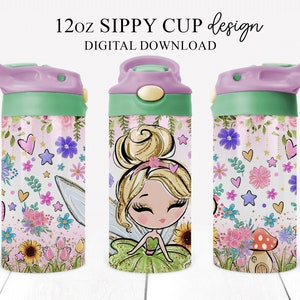 Fairy 12oz Sippy Cup Sublimation Design, Fairy Sublimation Design, Kids Magical Fairy Flip Top Cup Sippy Wrap Design PNG