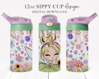 Fairy Sippy Cup 12oz Sublimation Design: Magical Kids Cup Wrap (PNG Digital Download)