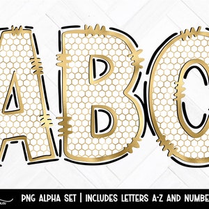 White & Gold Honeycomb Doodle Alpha, PNG Alphabet Letters Bundle, Elegant Sublimation Font, Transparent Background