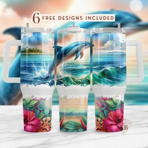 Dolphin Sublimation PNG, 40oz Tumbler Wrap, Ocean Waves and Dolphin Digital Art, Tropical Beach Tumbler, Commercial Use Ok