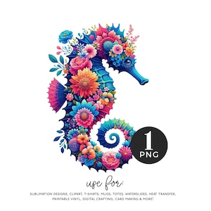 Floral Seahorse PNG, Summer Sublimation Clipart, Ocean Animal Printable, Coastal Shirt Design, Beach Marine Life Art