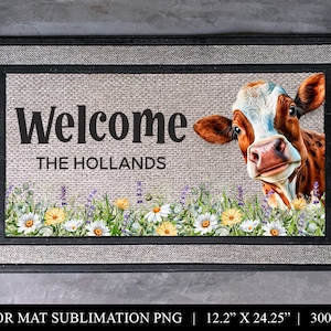 Funny Cow Floral Welcome Door Mat - Personalized Front Door Rug PNG - Family Name Sublimation Floor Mat