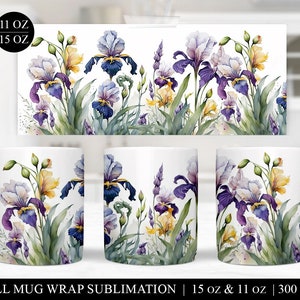 May include: Full wrap sublimation design for 11 oz and 15 oz mugs featuring a watercolour illustration of purple, yellow, and white iris flowers with green leaves.