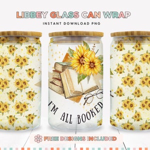 Puede incluir: Tres envoltorios de lata de vidrio con un diseño de girasol y libro. El envoltorio central tiene el texto "I'm All Booked". Los envoltorios laterales tienen un patrón de girasol.