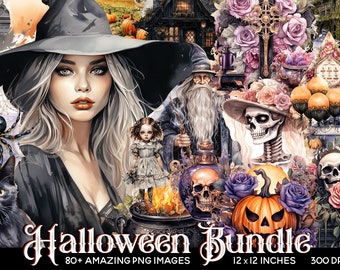Halloween Watercolor Clipart Bundle: 80 PNG Graphics (Digital Download)