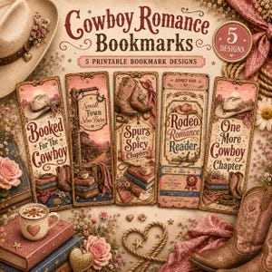 Könnte beinhalten: Ein Set aus fünf druckbaren Lesezeichen mit dem Titel Cowboy Romance Bookmarks, die Western-Motive wie Cowboyhüte, Stiefel und Bücher zeigen. Jedes Lesezeichen enthält individuellen Text und dekorative Elemente im Western-Stil.
