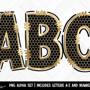Black & Gold Honeycomb Doodle Alpha, PNG Alphabet Letters Bundle, Elegant Sublimation Font, Transparent Background
