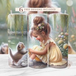 Cat Tumbler Wrap, Baby Kitten 20 Oz Skinny Sublimation Tumbler PNG, Whimsical Little Girl & Her Pet Tumbler Design Digital Download