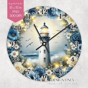 Può includere: Orologio da parete rotondo con una scena di faro circondata da fiori blu e bianchi. Il quadrante dell'orologio ha uno sfondo bianco con numeri e lancette nere. Il testo "file digitale 38 x 38 cm PNG 300 DPI" è visibile.