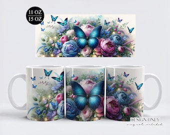 Stampa su tazza con motivo floreale a farfalla: design a sublimazione per tazze da 11/15 once (download digitale PNG)