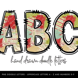 May include: The word "ABC" in uppercase letters, each with a unique, textured design. The letters are outlined in black with a hand-drawn aesthetic, and filled with a collage of red, green, and beige patterns. Below the letters, the words "hand drawn doodle letters" are written in cursive.