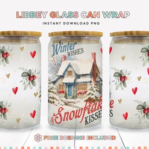 Vintage Navidad Libbey Glass Sublimation PNG, Retro Snowflake Kisses 16oz Tumbler Wrap Design, Holiday Tumbler, Diseño de sublimación