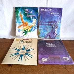 May include: Four packages of vintage stockings including Blue Lagoon Crepe Stretch, Morley Sandown, Carnos Luxury 30 Denier Mink Clouds, and Berkshire Top Trend 30 denier micromesh. Each package features distinct graphic illustrations and branding.