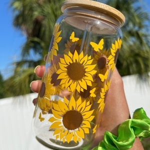 Sunflower Glass Can 16 Oz Cup, Aesthetic Glass Can Cups, Cute Sunflower Cups, Floral Glass Cups, Yellow Butterflies, Iced Coffee Cups