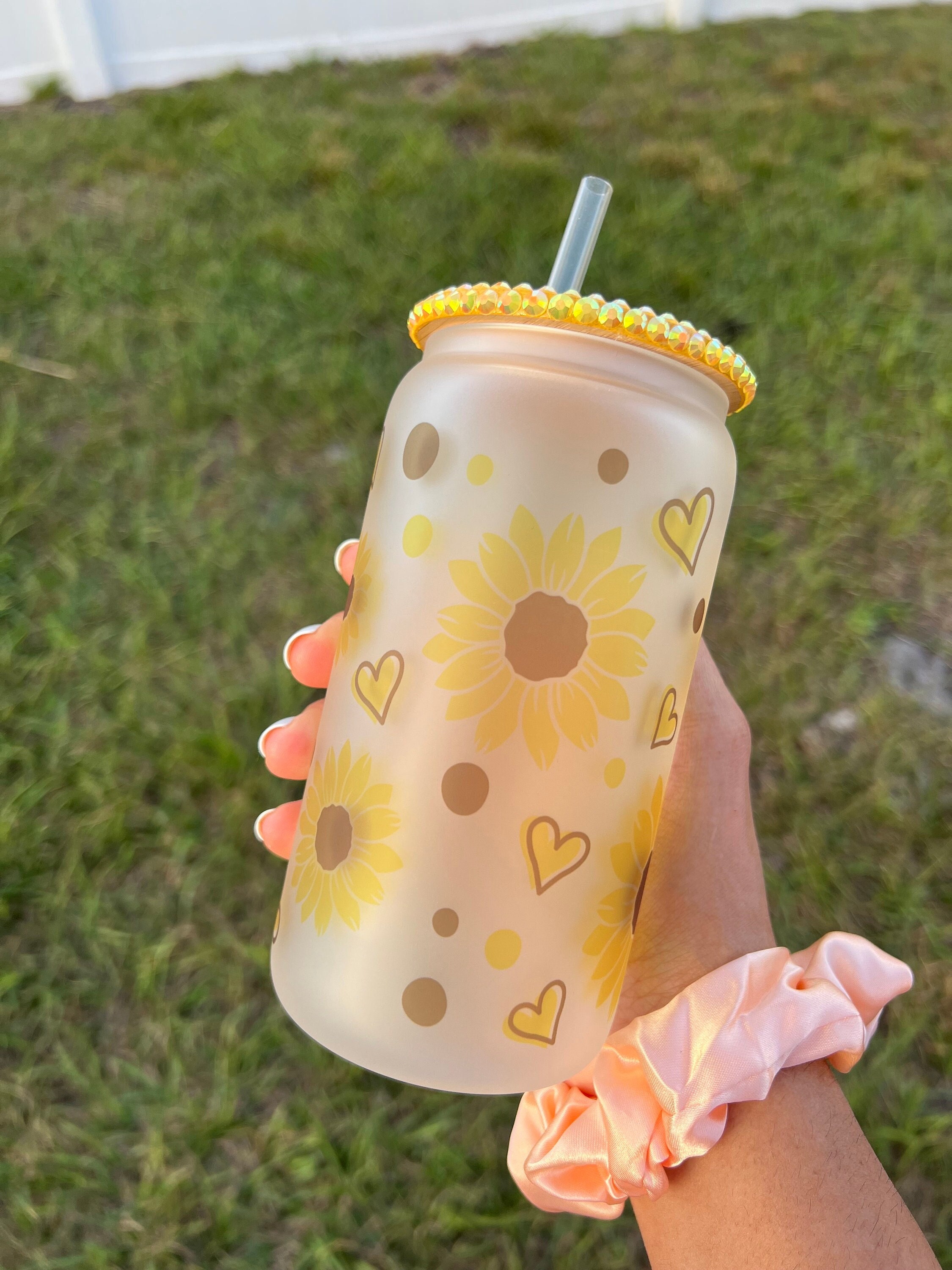 Sunflower Cup / Personalized Glass With Bamboo Lid And Straw