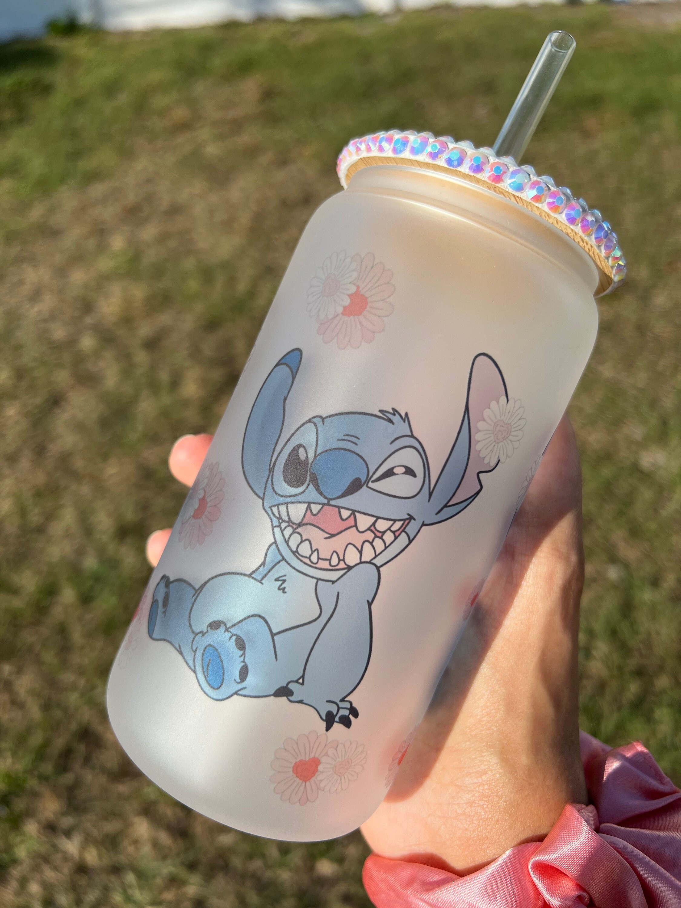 Cute Sunflower Stitch 16 Oz Frosted Beer Glass Can Cup, Disney Glass Cups