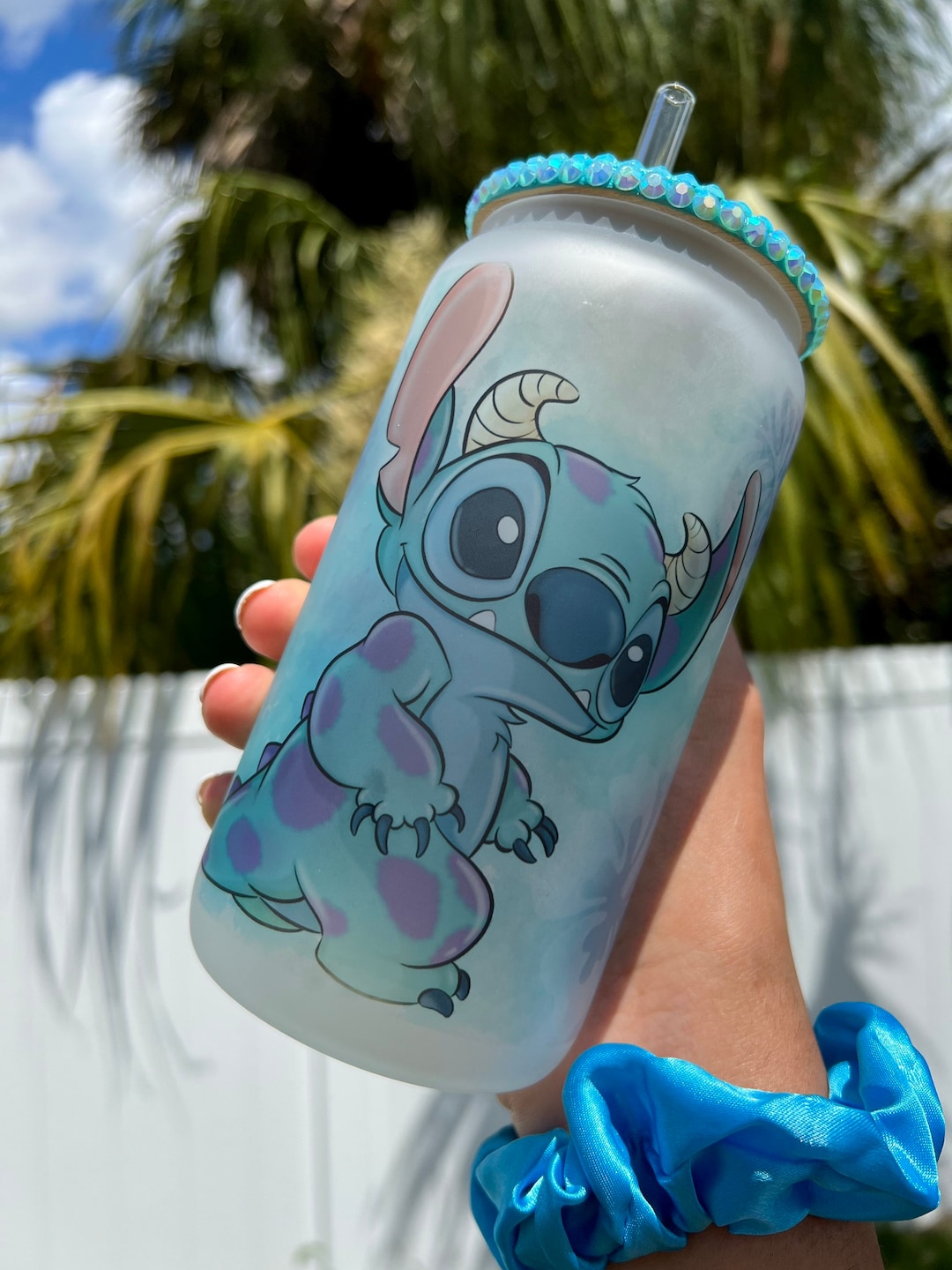 Sully Stitch 16 Oz Frosted Can Glass Cup, Stitch Cups, Disney Inspired Cups  , Rhinestone Lid, Cute Iced Coffee Glass Cups, Summer Cups 