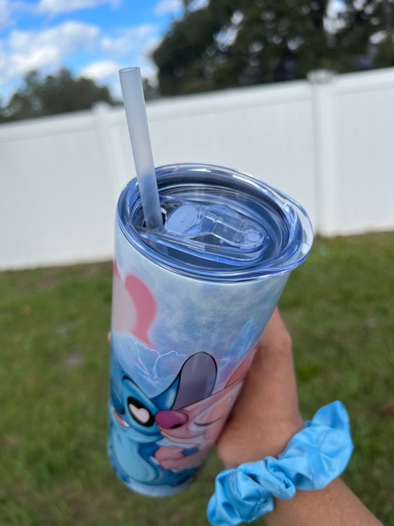 Stitch and Angel Love Kiss 20 Fl Oz Metal Skinny Tumbler With Straw and Lid,  Stitch Cups, Disney Inspired Cups 