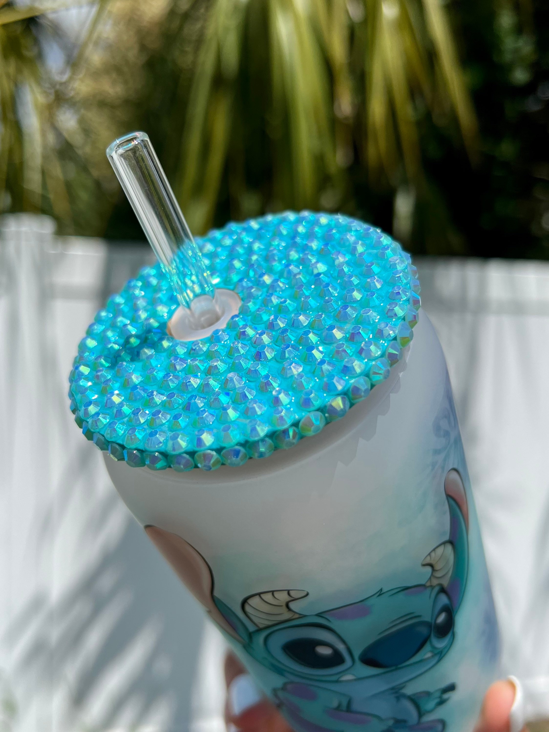 Sully Stitch 16 Oz Frosted Can Glass Cup, Stitch Cups, Disney Inspired Cups  , Rhinestone Lid, Cute Iced Coffee Glass Cups, Summer Cups 