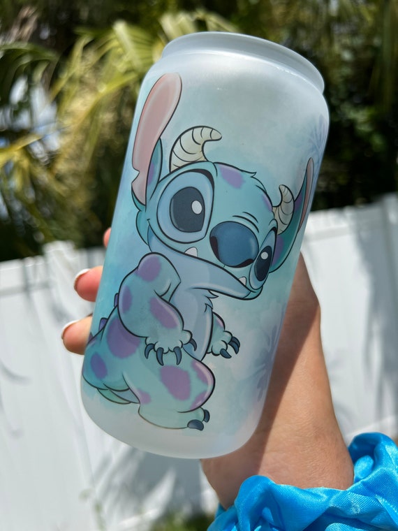 Sully Stitch 16 Oz Frosted Can Glass Cup, Stitch Cups, Disney Inspired Cups  , Rhinestone Lid, Cute Iced Coffee Glass Cups, Summer Cups 