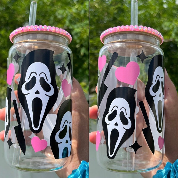 Pink Ghostface 16 Oz Beer Can Glass Cup, Valentines Mugs, Halloween Glass Cups, Valentines Gifts, Horror Character Mugs, Glass Mugs