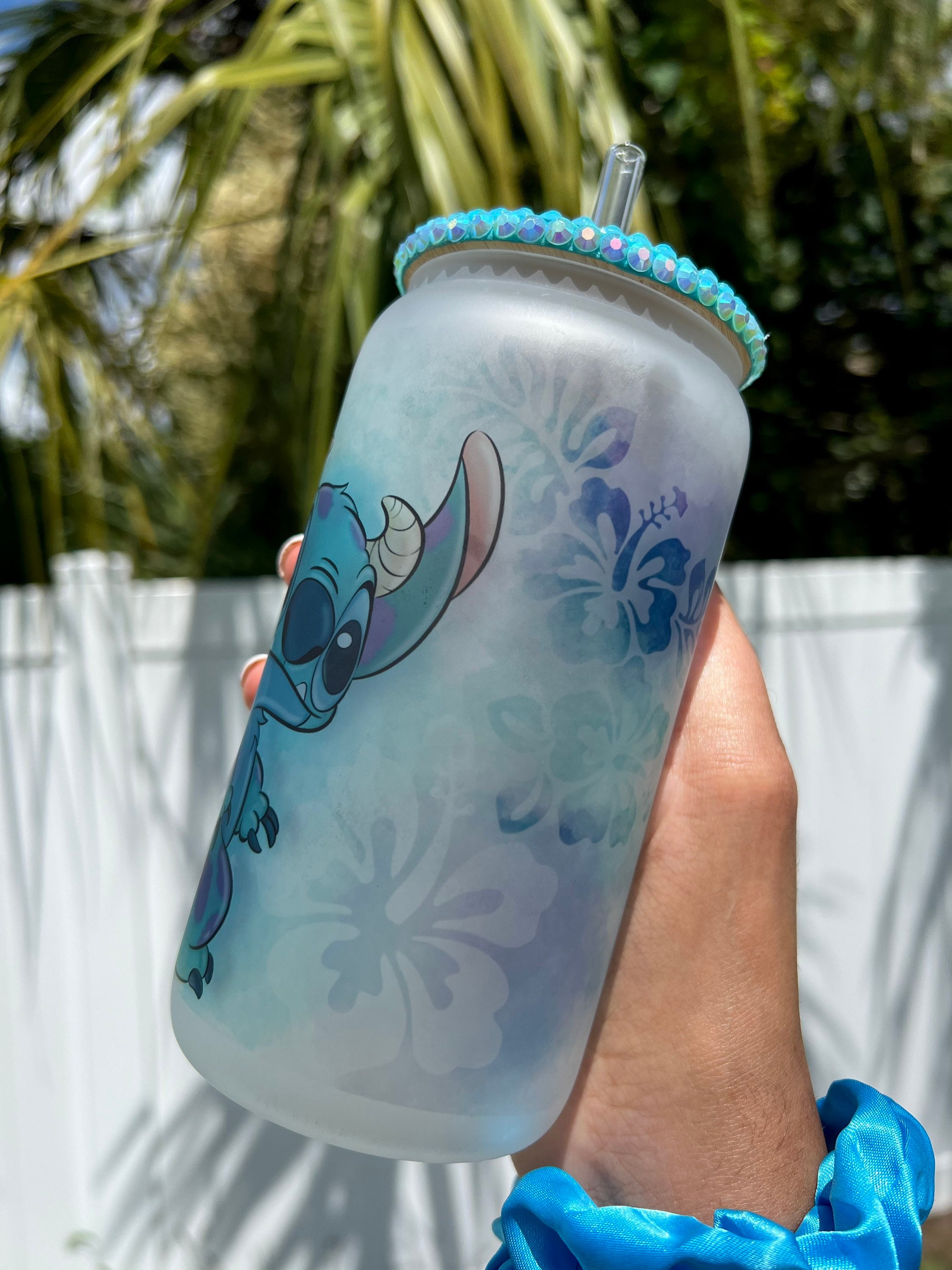 Cute Sunflower Stitch 16 Oz Frosted Beer Glass Can Cup, Disney Glass Cups