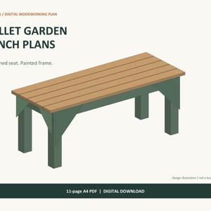 May include: Digital woodworking plan for a pallet garden bench. The illustration shows a bench with a brown wooden seat and a dark green painted frame. Text includes: BENCH 01 / DIGITAL WOODWORKING PLAN, PALLET GARDEN BENCH PLANS, Reclaimed seat. Painted frame., Design illustration / not a build photograph, 11-page A4 PDF | DIGITAL DOWNLOAD.