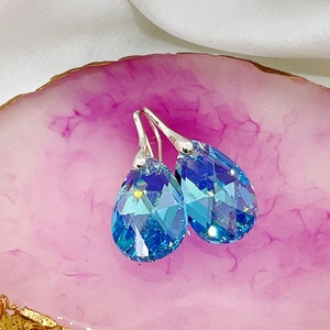 Aquamarine Teardrop Earrings, Swarovski Crystal Dangle Earrings, Handmade Blue Earrings, Wedding Jewelry, Bridesmaid Gift