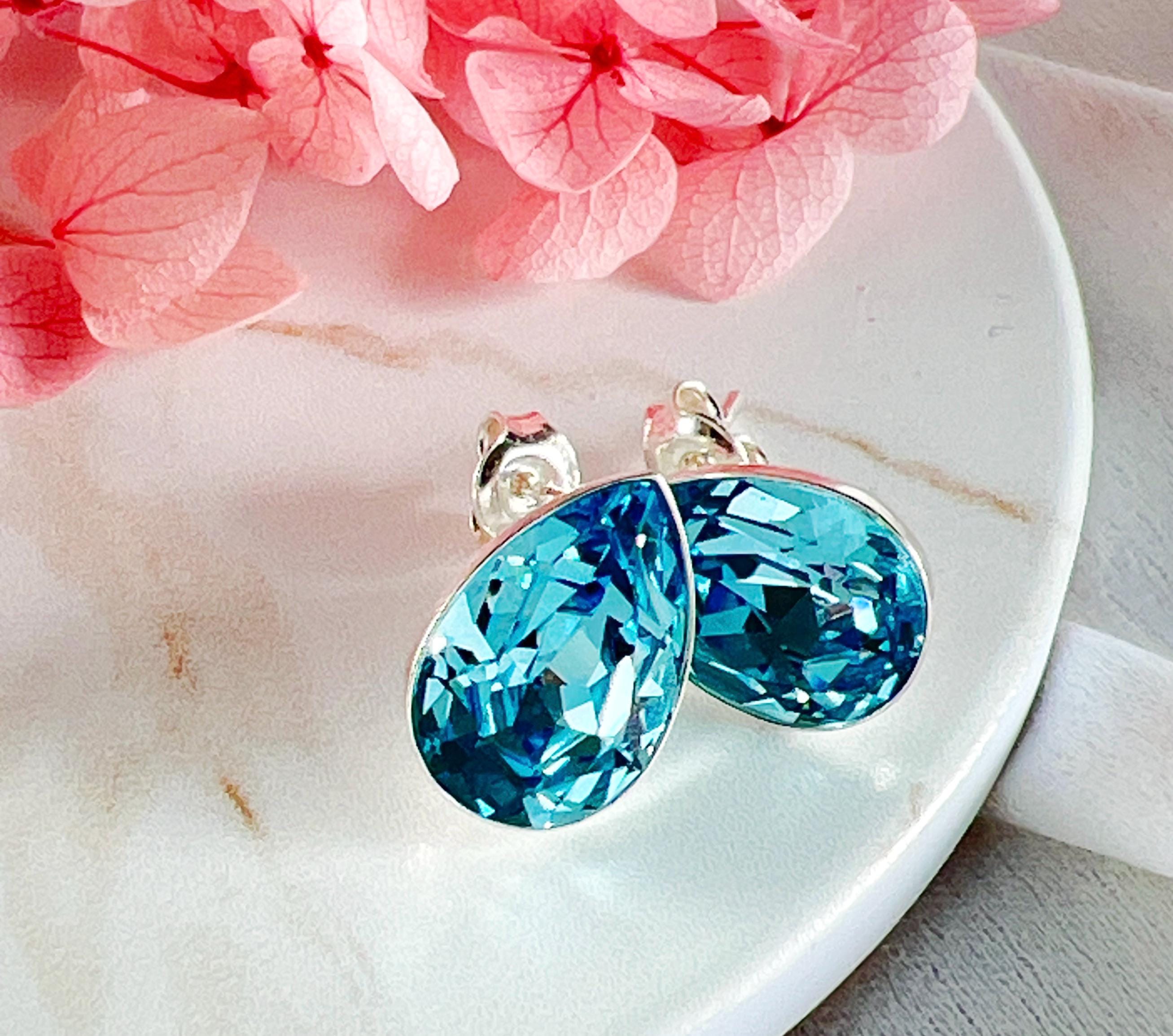 Orecchini Pendenti Cristallo Blu Acquamarina – Gioielli In Pietra Dona – Confezione Regalo