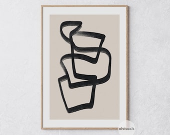 Stampa artistica a linee nere, poster astratto beige (download digitale)