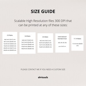 Pu&ograve; includere: Guida alle dimensioni per file stampabili con diversi rapporti d'aspetto, tra cui 2:3, 3:4, 4:5 e 11:14. La guida elenca diverse dimensioni in pollici e centimetri, inclusi formati standard internazionali come A5, A4, A3 e A2. Il testo menziona anche che i file sono scalabili e hanno una risoluzione elevata di 300 DPI.