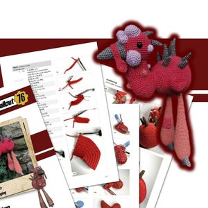 May include: A crochet pattern and finished Thrasher from Fallout 76 plushie. The plushie is red with gray and purple accents. The pattern includes step-by-step instructions with images. The pattern is labeled "Challenging".