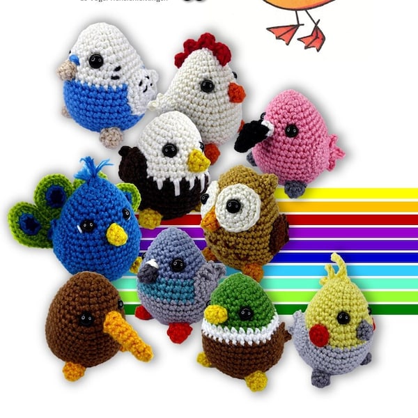 10 birds - crochet pattern - cockatiel, budgie, eagle, flamingo, owl, peacock, chicken, pigeon, kiwi, duck/mallard in egg shape [GER]