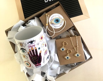 Personalized Christmas Gift Box: Evil Eye Jewelry Set & Mug