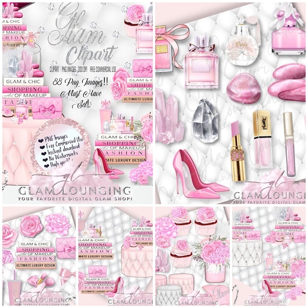 Glam Fashion Accessories Clipart, PNG, Digital Planner, Fashion Illustration, Ultra Lux, Pink, Bling, Girly, Pink, Trendy, Sublimation Png,