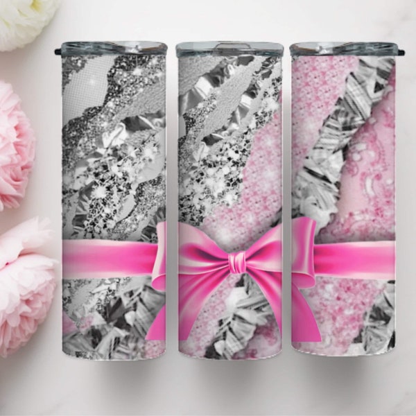 Glam Pink Bow 20oz Tumbler Wrap with Silver Bling Abstract Borders, PNG, Sublimation. Cute, Girly, Pretty, Luxurious Designer Look, 300 Dpi