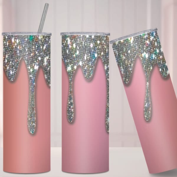 Pink Dripping Diamonds 20oz Tumbler, Glam, Glitter, Rhinestones, Bling Tumbler, Seamless, PNG, Digital Paper, Lux, Fashion Designer Brand