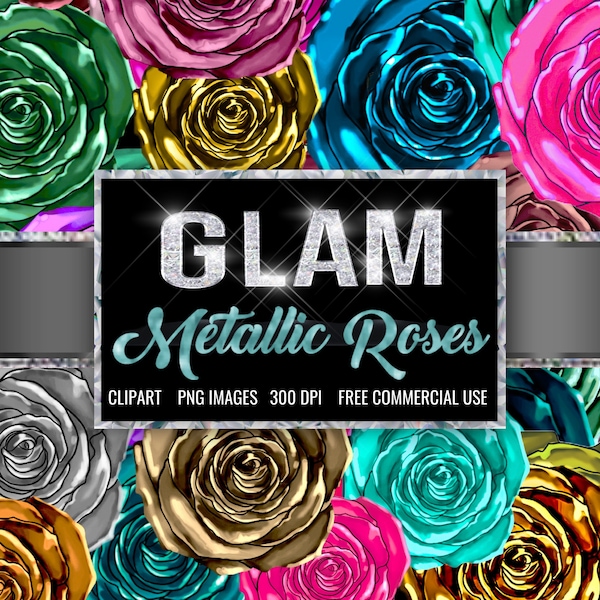 Glam 3d Roses Clipart, PNG, Luxurious Texture, Gold, Silver, Rose Gold, Metallics,Fashion Illustration, Designer Brand, Digital Planner Girl