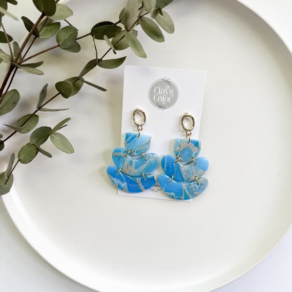 Frozen Ocean Statement Dangles Polymer Clay Earrings, Marble