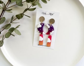 Clouds at Sunset - Polymer Clay Statement Earrings - Moon Jewelry - Sunset Accessories - Orange, Red, Purple
