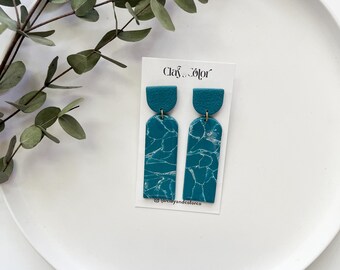 Teal Madison Arches, Teal Blue Polymer Clay Jewelry, Spring Earrings, Tall Modern Statement Earrings, Dangle Jewelry, Marble Earrings