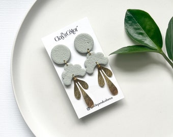 Light Sage Green Polymer Clay Earrings, Brass Texture Jewelry