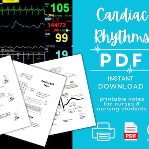 May include: A printable PDF guide to cardiac rhythms for nurses and nursing students. The cover features a blue background with white text that reads "Cardiac Rhythms PDF Instant Download printable notes for nurses & nursing students" and a white printer icon. The PDF has 11 pages.
