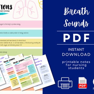 May include: A blue and white printable PDF document with the title "Breath Sounds" and the text "Functions of the Respiratory System" with a diagram of lungs. The document is for nursing students and includes 6 pages.